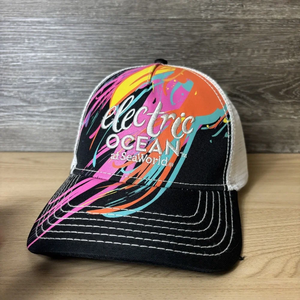 SeaWorld Electric Ocean Hat Cap Snap Back Black White Promo Adjustable